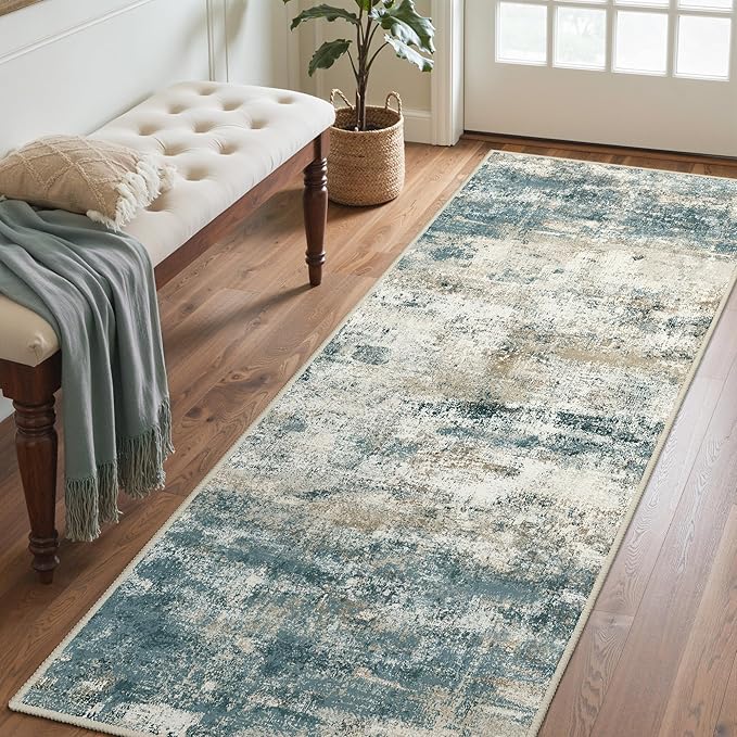 Runner Rug for Hallway Kitchen, 2'6"x6' Machine Washable Runners Rug for Entryway, Soft Modern Abstract Throw Rugs, Low Pile Floor Cover with Non Slip Backing, Navy Beige