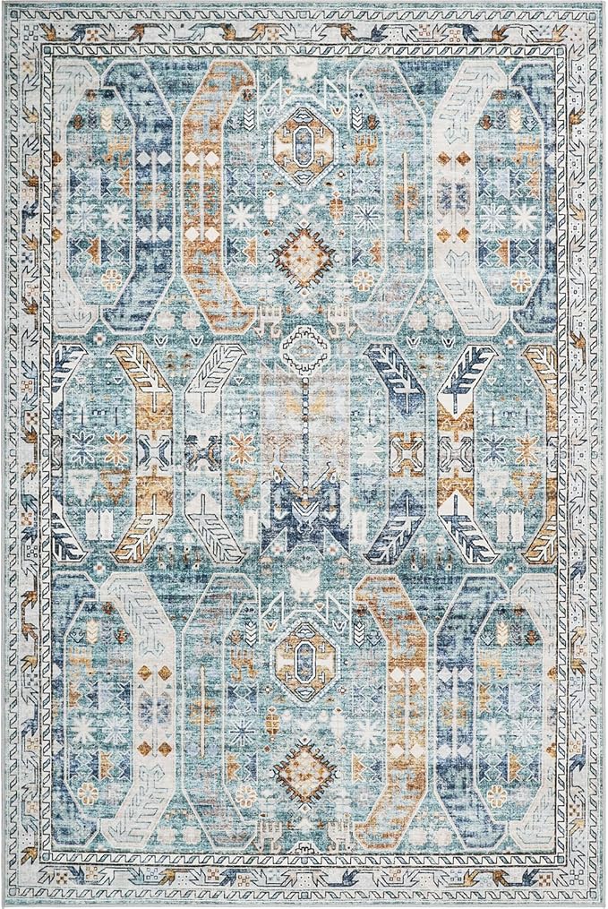 9x12 Area Rug,Ultra-Thin Washable Rugs for Living Room,Non-Slip Lightweight Foldable Area Rug,Stain Resistant Vintage Large Rugs (Blue/Gold,9'x12')