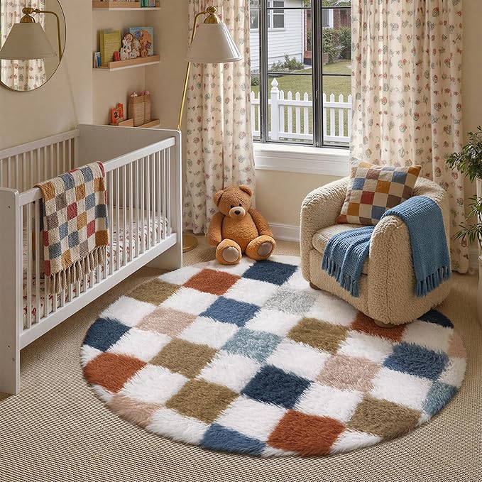 Checkered Rug 4x4 for Living Room, Modern Rainbow Shag Rug Super Soft Washable Indoor Fuzzy Carpet Non-Slip Fluffy Rugs for Bedroom Home Aesthetic Decor