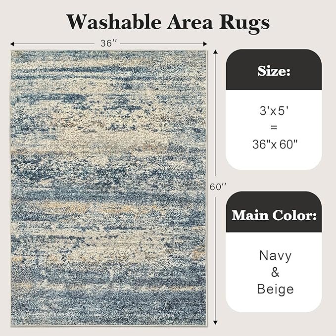 Art&Tuft Washable Rug, Anti-Slip Backing Abstract 3x5 Rug, Stain Resistant Rugs for Living Room, Foldable Machine Washable Area Rug (TPR19-Navy, 3'x5')