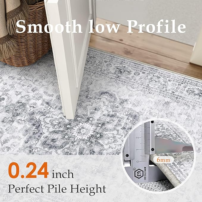 HUGEAR Washable 2x3 Entryway Area Rugs Retro Grey Small Vintage Distressed Non Slip Stain Resistant Low Pile Neutral Throw Carpet for Bedside Kitchen Entryway Home Decor