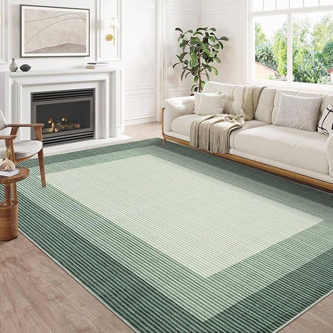 GarveeHome 5x7 Rugs for Bedroom Living Room Machine Washable Rugs Bordered Rug Modern Solid Border Rug Non-Slip Stain Resistant Rug Neutral Accent Carpet for Dining Room Table Apartment Office Green