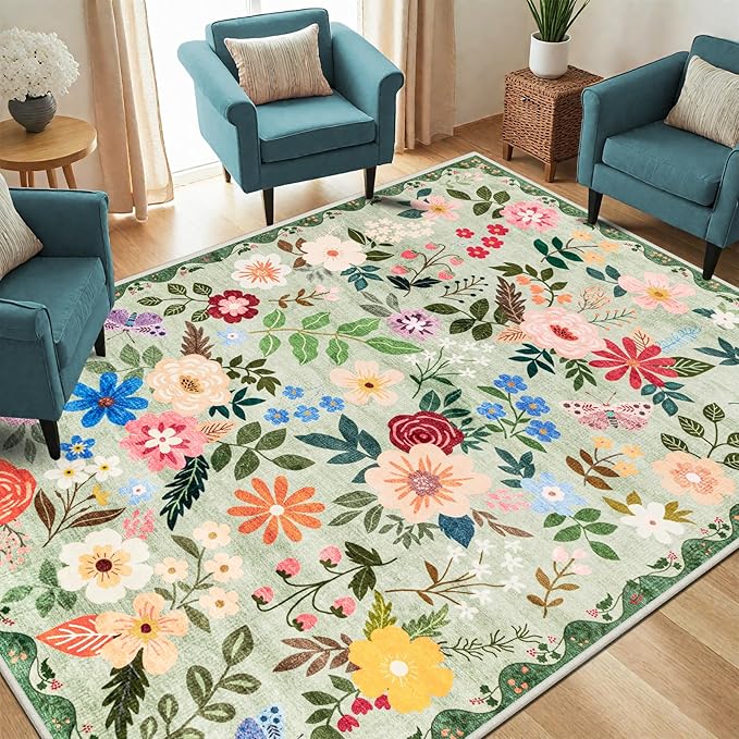 6x9 Area Rugs for Living Room: Floral Washable Rug Vintage Large Soft Boho Non-Slip Carpet Indoor Stain Resistant Thin Carpets for Bedroom Dining Room Farmhouse Nursery Hallway Home Office Green
