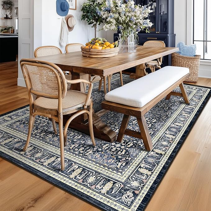 Dark Blue 5x7 Area Rugs for Living Room Bedroom, Transitional Boho Moroccan Floral Trellis Printed, Washable Non Slip Low Pile Ultra Thin Soft Carpet Rugs for Dining Room/Kitchen/Home Office