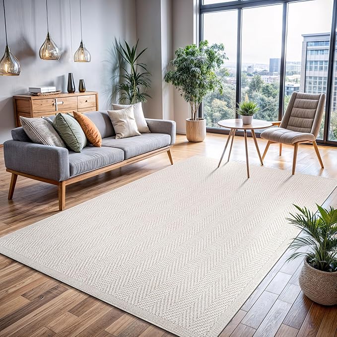 CAMILSON Easy Jute Rug 5x7, Indoor Outdoor Off-White Color Fiber Area Rugs for Living Room Patio and Kitchen Rug Herringbone Seagrass Woven Design Easy-Cleaning Washable Outside Carpet Alfombras 5 x 7
