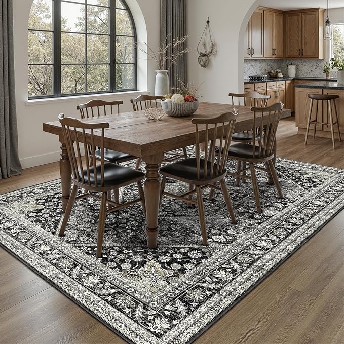 DCX Machine Washable Black Entryway Rug 3x5, Non Slip Stain Resistant Vintage Floral Rug for Kitchen Bathroom Front Door Throw Rugs Indoor, Soft Low Pile Small Rugs for Entry