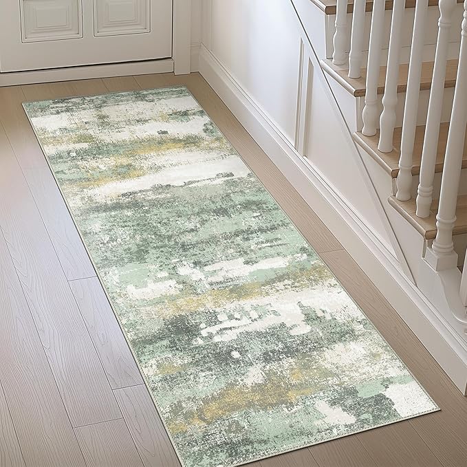 Runner Rug for Hallway Kitchen, 2x12 Machine Washable Runners Rug for Entryway, Soft Modern Abstract Throw Rugs, Low Pile Floor Cover with Non Slip Backing, Light Green