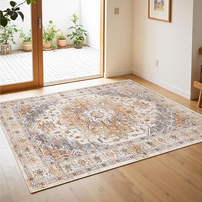 4x6 Rugs for Living Room Bedroom,Non-Slip Washable Rug,Stain Resistant Lightweight Area Rugs for Dining Room,Ultra-Thin Indoor Floor Carpet (Turmeric/Grey, 4'x6')