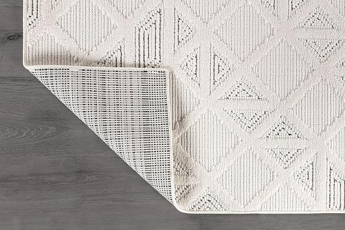 Modern Micro Loop Indoor Area Rugs for Living Room Bedroom Kitchen Geometric Square White 5x7 Luxury Durable Low and High Pile Non-Shedding Stain Resistant Soft Area Carpet 5 x 7