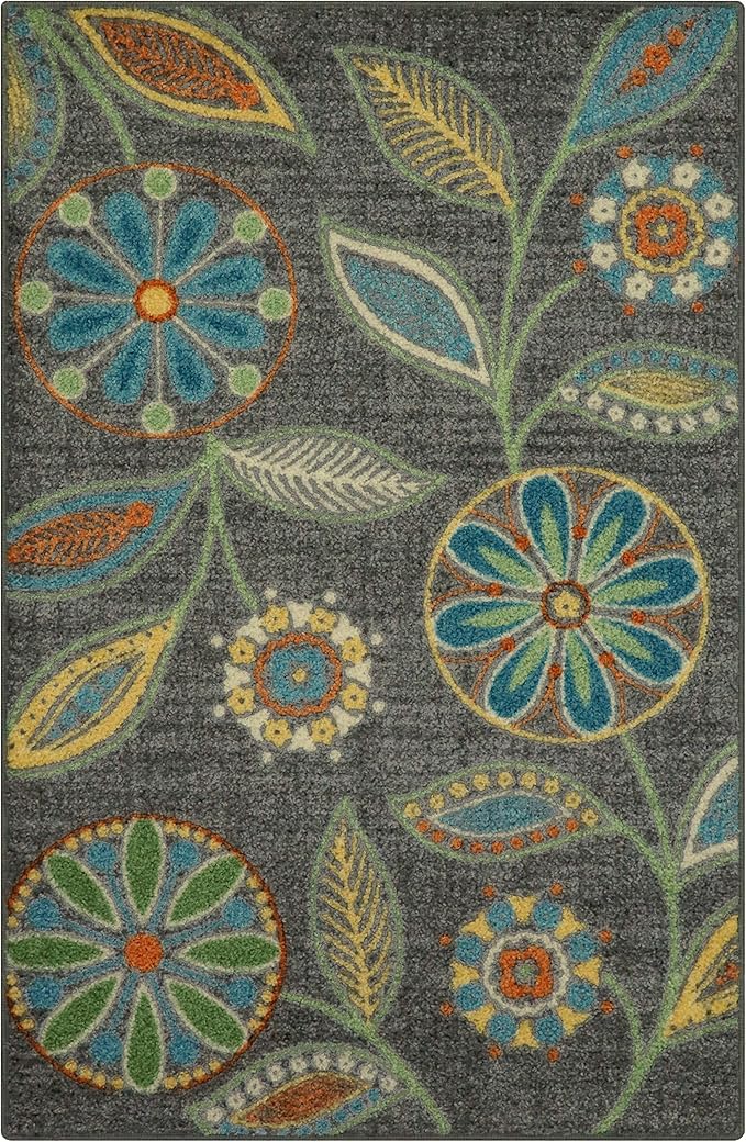 Maples Rugs Reggie Floral Kitchen Rug - Made in USA - Washable, Non Slip Indoor Carpet for Entryway, Foyer, Kitchen, and Bathroom, 2'6 x 3'10, Dark Grey
