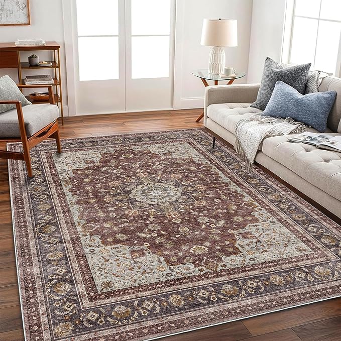 Washable Area Rug 4'x6' Traditional Floor Cover Foldable Thin Rugs Retro Kitchen Indoor Distressed Non Slip Carpet Floral Print Mat Bedroom Living Room