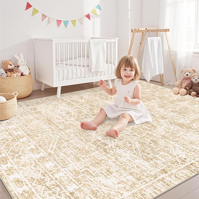 5x7 Area Rugs Living Room Rug: Washable Rug Neutral Lagre Soft Thin Carpet Indoor Floor Non Slip Boho Geometric Moroccan Carpets for Bedroom Dining Room Farmhouse Nursery Office - Beige