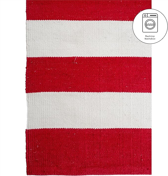 Fab Habitat Machine Washable Area Rug - Hand Woven, Stain Resistant, Pet Friendly - Premium Recycled Polyester Yarn - Stripes - Bedroom, Living Room - Nantucket - Red & White - 4 x 6 ft