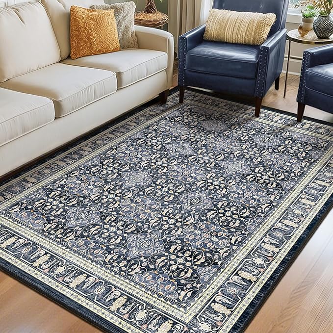 Dark Blue 5x7 Area Rugs for Living Room Bedroom, Transitional Boho Moroccan Floral Trellis Printed, Washable Non Slip Low Pile Ultra Thin Soft Carpet Rugs for Dining Room/Kitchen/Home Office