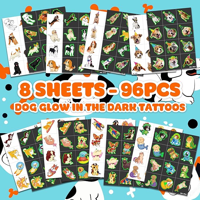 96 PCS Dog Pet Pre-Cut Luminous Glow in the dark Temporary Tattoos for Kids | Super Cute First Themed Birthday Party Favors, Supplies, Decorations, Animal Fake Tattoo Stickers Gifts for Boys Girls