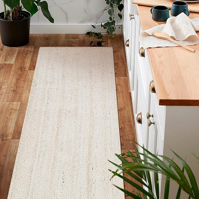 Hausattire Hand Woven Jute Braided Rug, 2'x6' ??Off White, Reversible Boho Entry Area Rugs for Kitchen, Living Room I Farmhouse Indoor Outdoor Decorative Floor Rug, 24x72 Inches