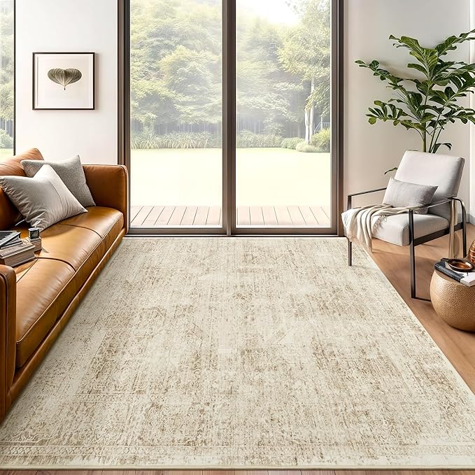 5x7 Area Rugs Brown Low Pile Indoor Washable Trendy Faded Style Floral Rugs for Bedroom Living Room Dining Room Foldable Non-Slip Thin Print Mat