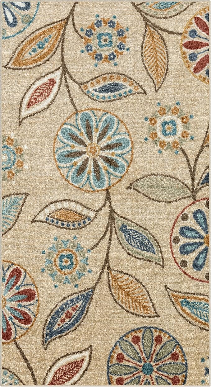 Maples Rugs Reggie Floral Area Rug - Made in USA - Washable, Non Slip, Pet-Friendly Mats for Living Room, Bedroom, and Office, 3'4" x 6', Beige