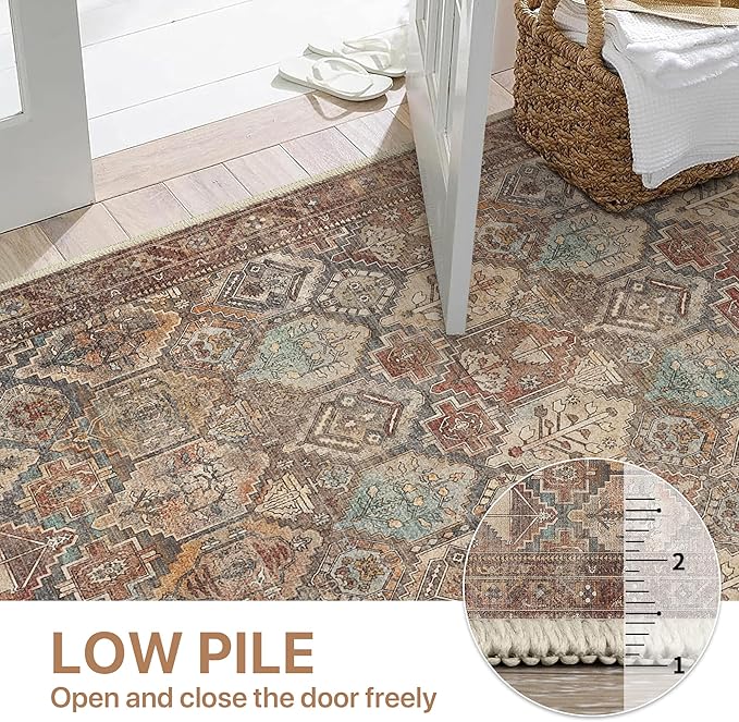 Bavni Runner Rugs 2x5 Kitchen Rug for Hallways Entryway, Washable Vintage Print Carpet, Ultra-Thin Low Pile Lightweight Rug with Non Slip Backing, Reddish Brown