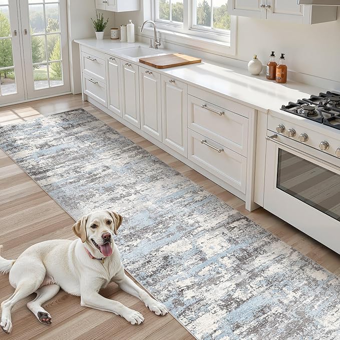 Hallway Washable Runner Rug: 3x10 Abstract Modern Soft Stain Resistant Non-Slip Backing Runner for for Entryway Kitchen Laundry - Blue Grey