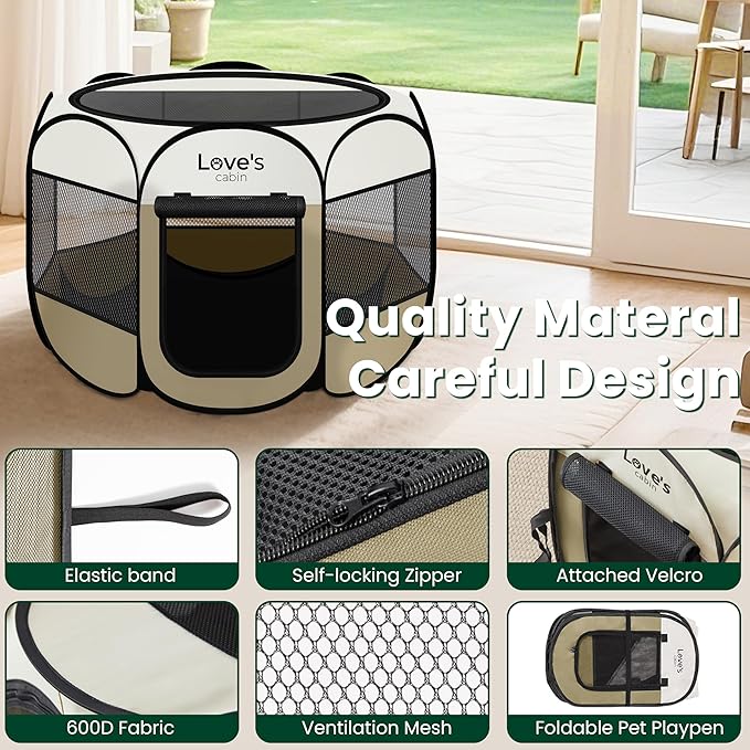 Love's cabin Pet Puppy Dog Playpen, Large Dog Tent Crates Cage Indoor/Outdoor, Portable Playpen for Cat, Foldable Pop Up Dog Kennel Playpen with Carring Case, Removable Zipper Top, Khaki