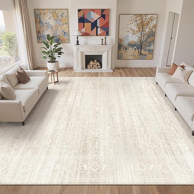 9x12 Area Rugs for Living Room, Washable Vintage Floral Non-Slip Low Pile Natural Rug Soft Throw Large Carpet for Dining Room Bedroom Farmhouse Home Office (Beige/Cream, 9'x12')