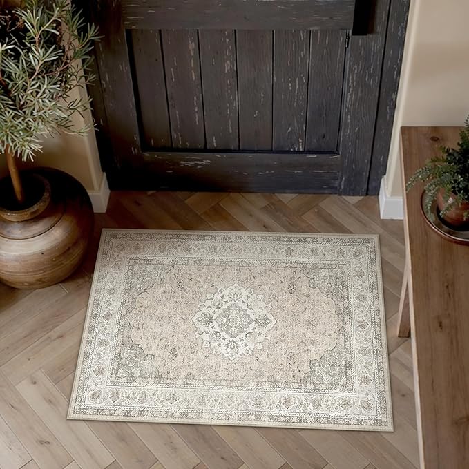 2x3 Neutral Washable Vintage Runner Rug for Living Room Bedroom Beige Brown Soft Non Slip Thin Throw Rug Lightweight Floral Low Pile Distressed Carpet Doormat Kitchen Entrance Hallway Laundry