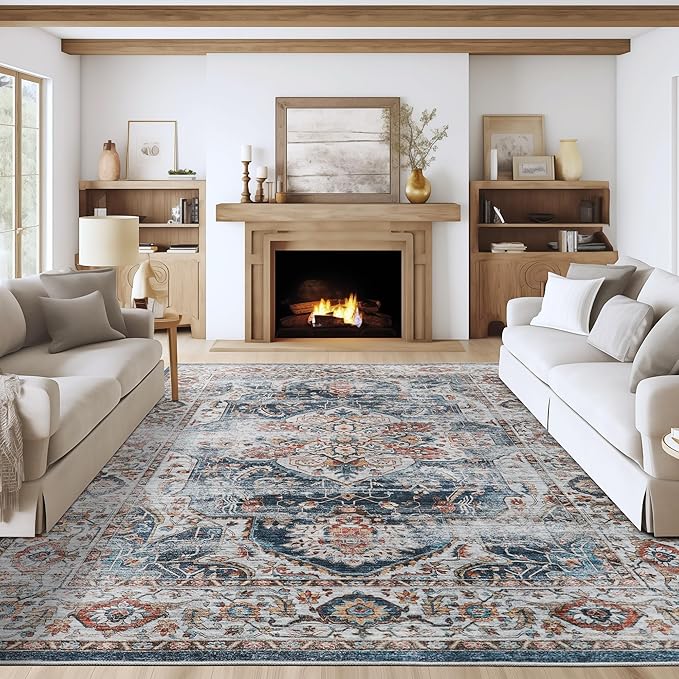 9x12 Area Rug,Ultra-Thin Washable Rugs for Living Room,Non-Slip Lightweight Foldable Area Rug,Stain Resistant Vintage Large Rugs (Navy,9'x12')