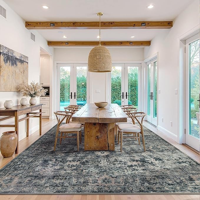 10x14 Area Rugs for Living Room Bedroom, Large Washable Rug, Blue Vintage Retro Boho Rug, Non Slip & Low Pile Faux Wool Thin Carpet for Indoor Dining Room and Kids Room(Blue 10x14ft)