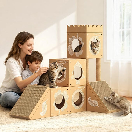 DIY Cardboard Cat House, Multi-Level Cat Tree Tower with Scratching Posts, Scratching Pad, Tunnel & Playhouse for Kittens & Adult Cats, Recyclable 48.8" × 25" × 40.16", Kraft Brown