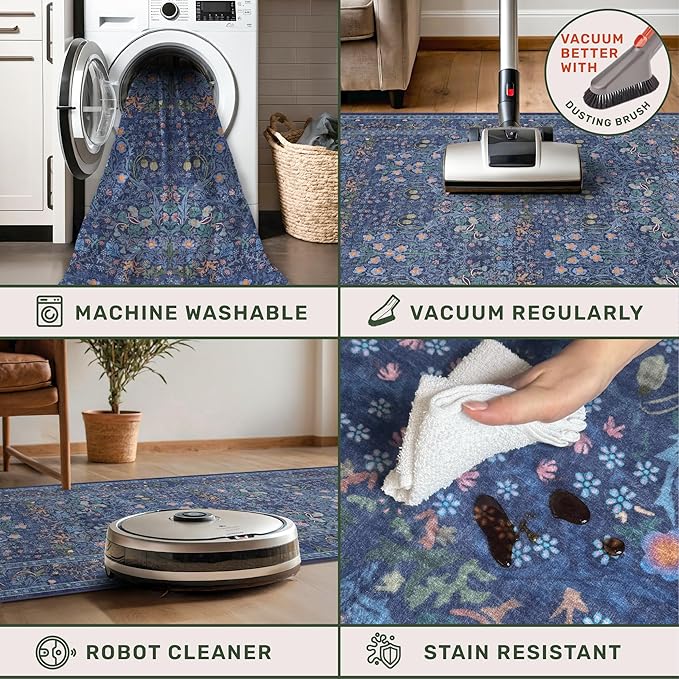 Dark Blue 2x8 Hallway Runner Rugs - Machine Washable Kitchen Runner Non Slip, Floral Pattern Indoor Floor Mats for Entryway, Oriental Design Home Décor