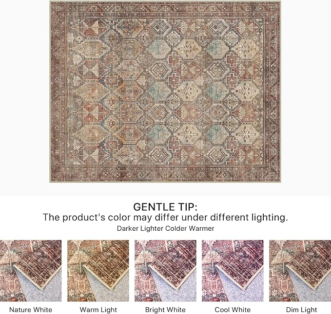 Bavni Washable Rug 3x5 Area Rug for Living Room Bedroom Dining, Washable Vintage Print Carpet, Ultra-Thin Low Pile Lightweight Rug with Non Slip Backing, Reddish Brown