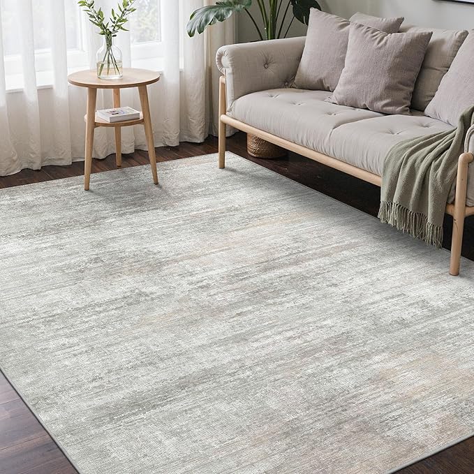 Area Rugs 5x7 for Living Room Bedroom, Modern Abstract Machine Washable Rug, Large Soft Low Pile Floor Carpet with Non Slip Backing for Dining Room, Light Grey/Beige