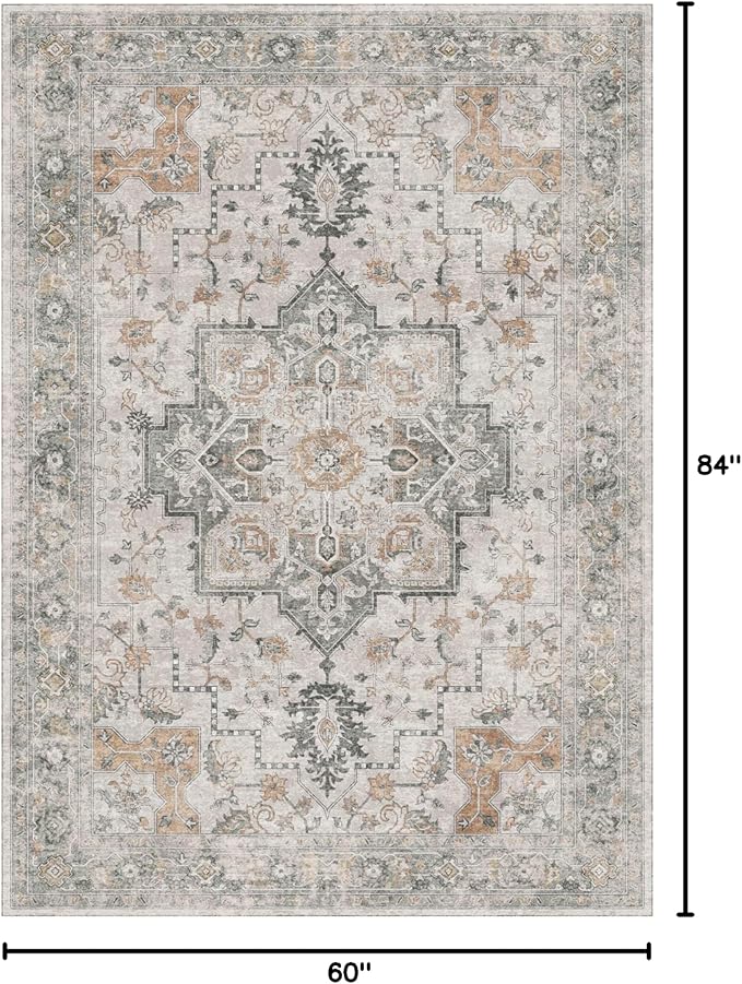 GENIMO 5X7 Area Rugs for Living Room, Machine Washable Non Slip Vintage Rugs, Low Pile Lightweight Chenille Print Rug for Bedroom, Dining Room, Home Office, Light Taupe Brown