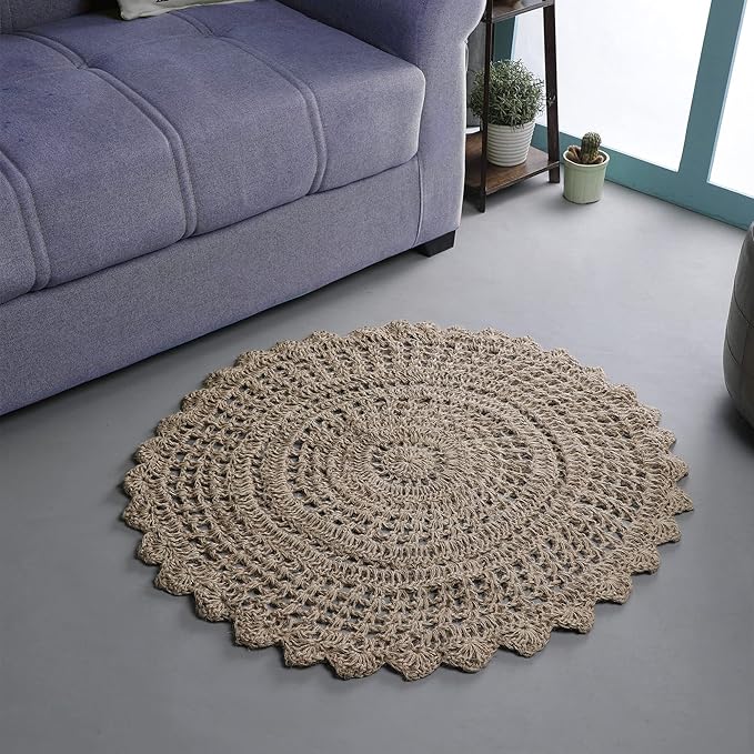 Hausattire Hand Woven Jute Crochet Rug, 3??Round ??Natural, Anti-Slip Accent Boho Entry Area Rugs for Kitchen, Living Room I Farmhouse Decorative Floor Rug, 3 Feet Round