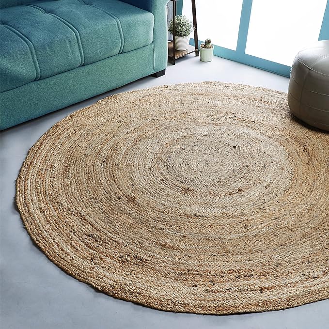 Hausattire Hand Woven Jute Braided Rug, 6??Round ??Natural, Reversible Boho Entry Area Rugs for Kitchen, Living Room I Farmhouse Decorative Floor Rug, 6 Feet Round