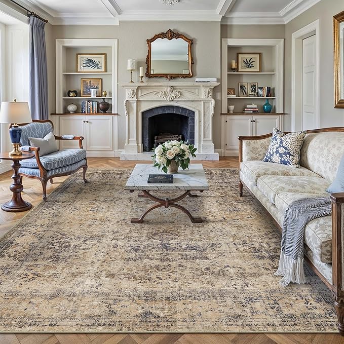 HUGEAR 6x9 Area Rug Brown Vintage Machine Washable Living Room Retro Rugs Distressed Floral Vacuumable Low Pile Carpet Bedroom Office Dining Room Laundry Room Non Slip Soft Lightweight