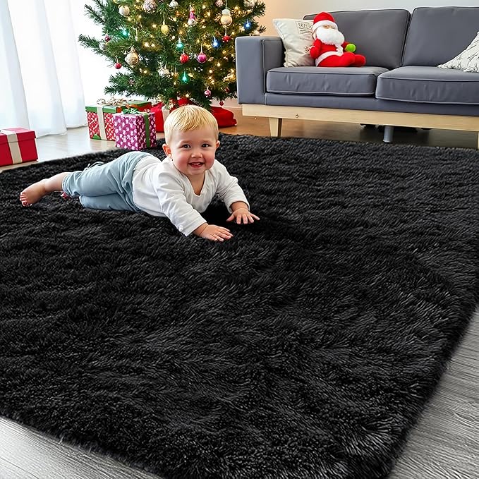 6x9 Area Rug for Living Room, Modern Black Shag Shaggy Plush Carpet Washable Non-Slip Large Rug Super Soft Indoor Fuzzy Fluffy Carpet for Bedroom Home Aesthetic Decor