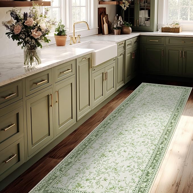 Light Green Kitchen Rug 3x8 Modern Vintage Boho Farmhouse Unique Floral Sage Cream Beige Peony Lily Sketch Style, Washable Low Pile Non-Slip Extra Long Wide Runner Rugs for Hallway 8 ft Long