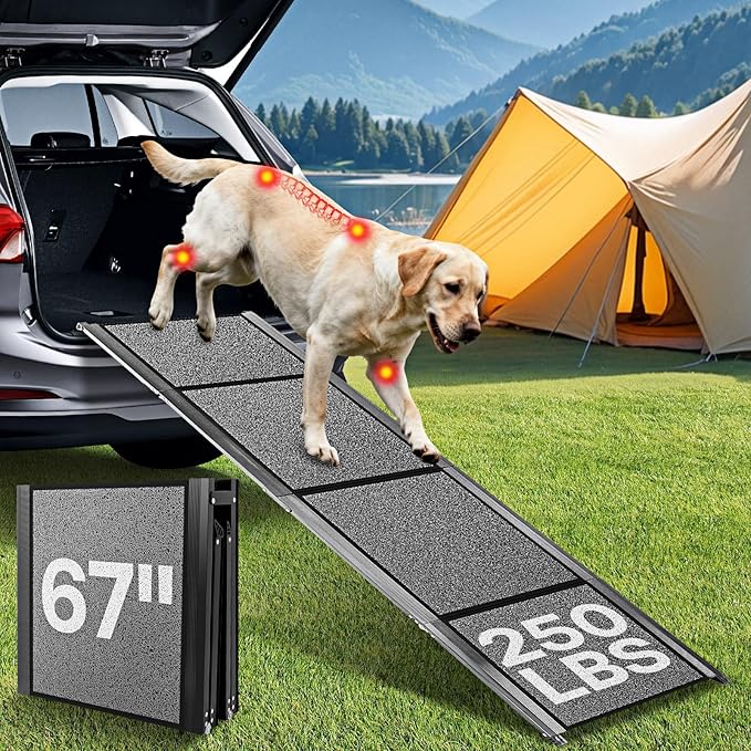 Lightweight Aluminum Dog Ramp for Women & Seniors - 67" Folding Car Ramp for Large Dogs to 250lbs | Portable Pet Ramp with Non-Slip Surface for Safe SUV, Truck Entry & Joint Care for Senior Pets