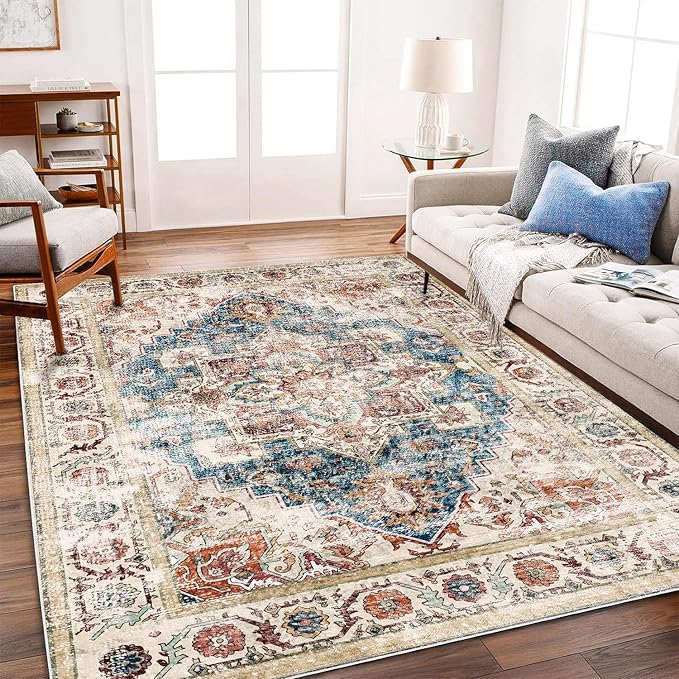 Washable Area Rug 10'x14' Beige Blue Boho Chic Medallion Distressed Design Non-Shedding Easy Care Ideal for High Traffic Areas in Living Room Bedroom Office Coffee Table Large Carpet
