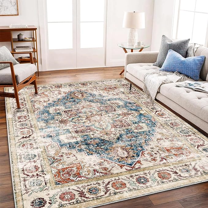 Washable Area Rug 9'x12' Beige Blue Boho Chic Medallion Distressed Design Non-Shedding Easy Care Ideal for High Traffic Areas in Living Room Bedroom Office Coffee Table Large Carpet