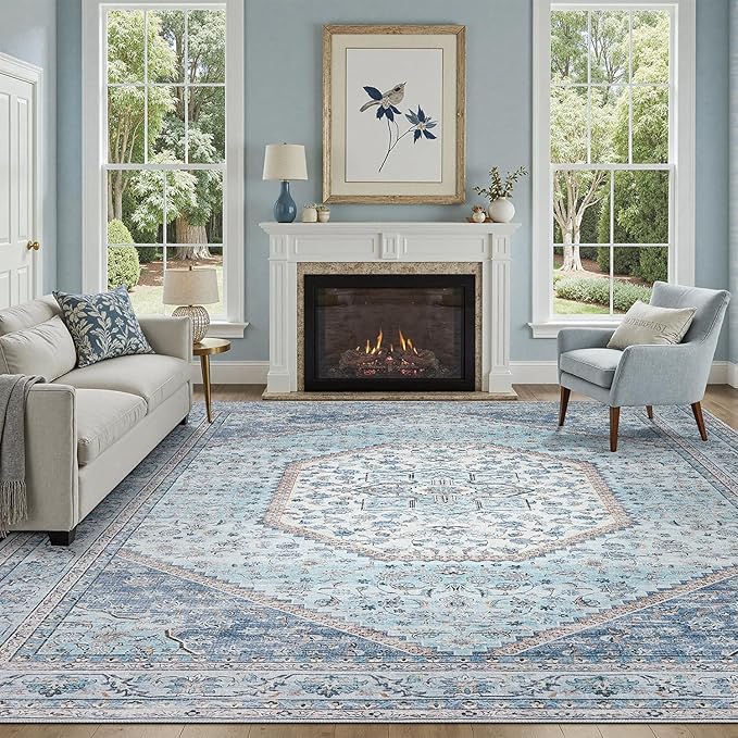 DCX Machine Washable Blue Area Rugs 8x10, Non Slip Stain Resistant Vintage Floral Rug for Living Room Diningroom Bedroom Nursery, Soft Low Pile Large Carpet