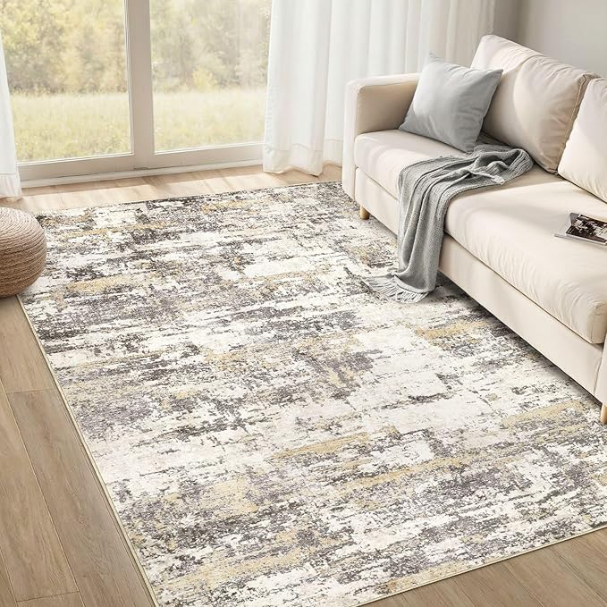 Area Rugs for Living Room: 6x8 Abstract Washable Rug Modern Neutral Large Soft Stain Resistant Non-Slip Backing Machine Table for Bedroom Dining Room Indoor Home Office Carpet - Gold Brown