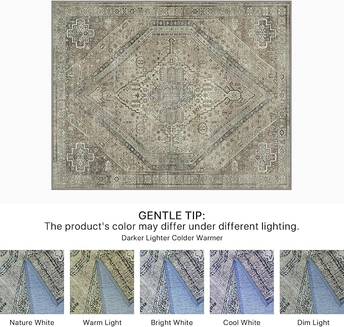 Bavni Washable Rug 6x9 Area Rug for Living Room Bedroom Dining, Washable Vintage Print Carpet, Ultra-Thin Chenille Low Pile Lightweight Rug with Non Slip Backing, Tan