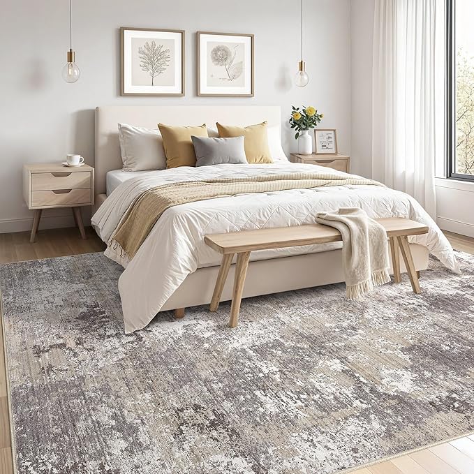8x10 Area Rugs for Living Room：Washable Rug Abstract Modern Neutral Large Soft Stain Resistant Non-Slip Backing Machine Table for Bedroom Dining Room Indoor Home Office Carpet - Light Brown