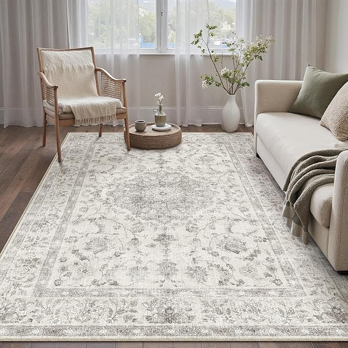 4x6 Area Rug Gray Washable Vintage Entryway Office Carpet Small Non Slip Soft Low Pile Soft Thin Kitchen Bathroom Retro Accent Throw Rug Entrance Bedroom Office Living Room Laundry