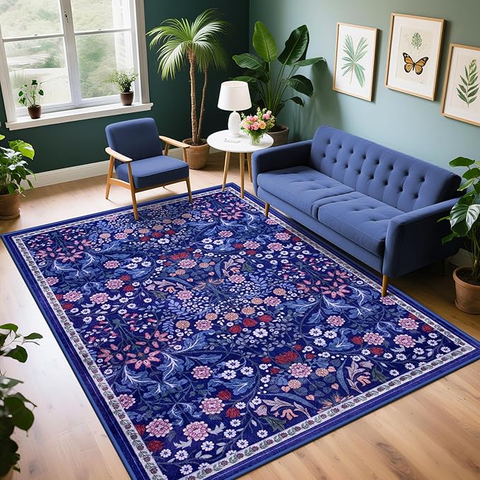 Area Rug Living Room Rugs: Floral 5x7 Washable Rug Vintage Soft Boho Non-Slip Carpet Indoor Floor Stain Resistant Large Carpets for Bedroom Dining Room Farmhouse Nursery Hallway Home Office Blue