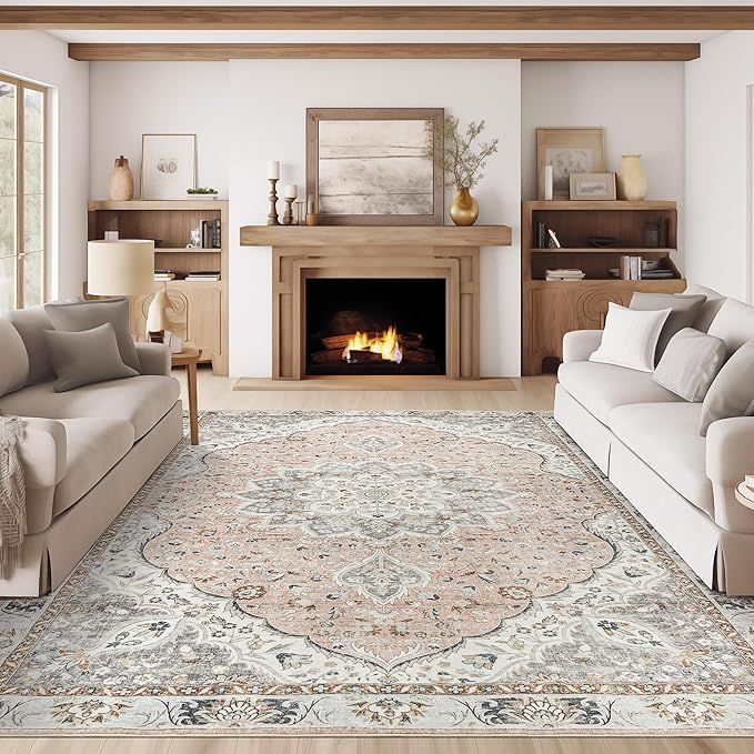 Washable Rug 8x10 Area Rugs for Living Room - Stain Resistant Non-Slip Backing Rugs for Bedroom - Vintage Large Area Rug (Peach/Gray, 8'x10')