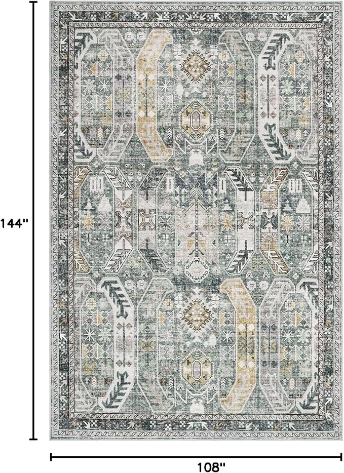 9x12 Area Rug,Ultra-Thin Washable Rugs for Living Room,Non-Slip Lightweight Foldable Area Rug,Stain Resistant Vintage Large Rugs (Green/Gold, 9'x12')